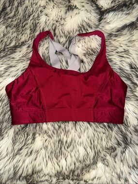 Fabletics Burgundy Sports Bra with Light Gray Crisscross Straps
